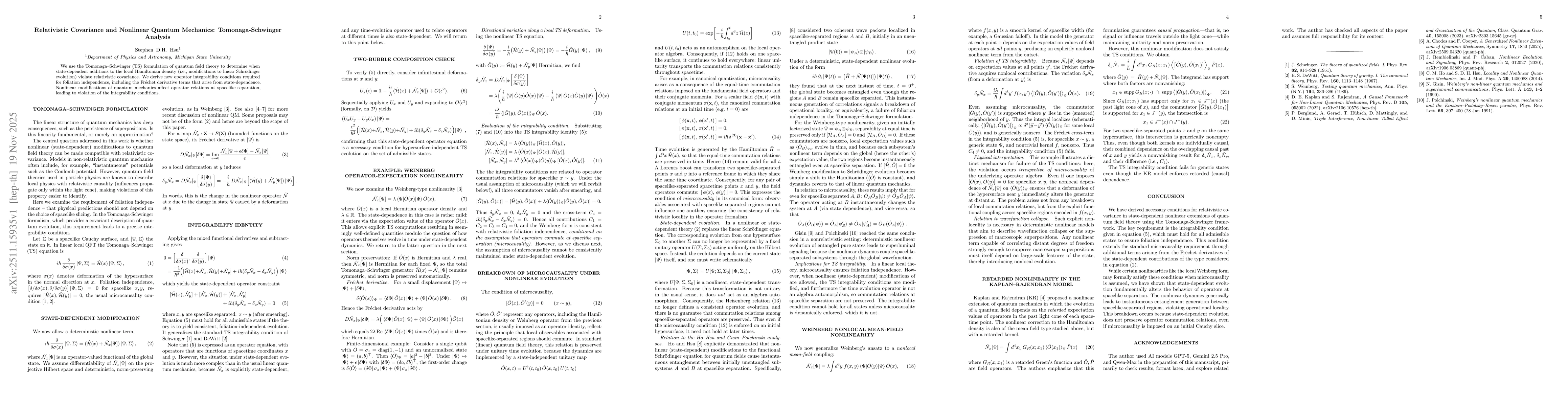 Thumbnail for Relativistic Covariance and Nonlinear Quantum Mechanics: Tomonaga-Schwinger Analysis