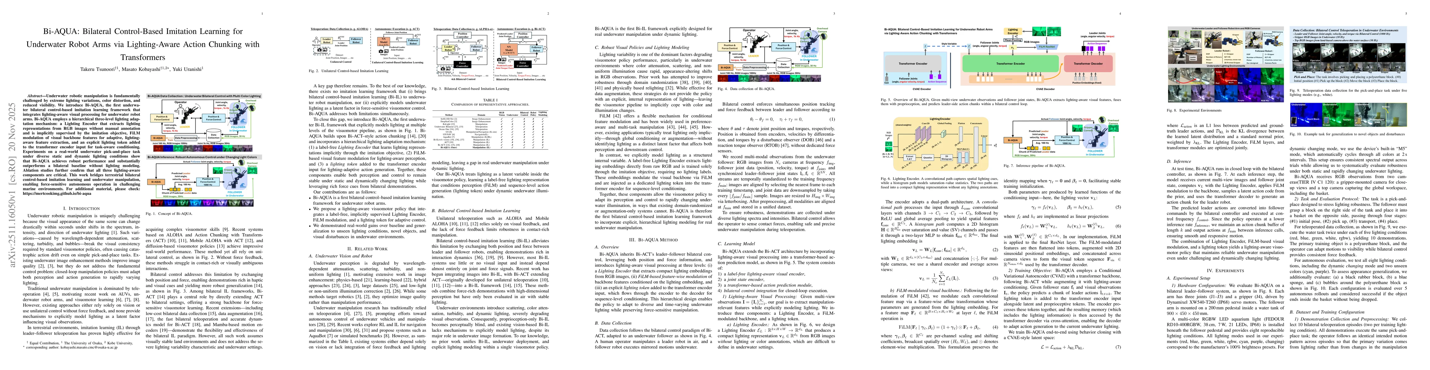 Thumbnail for Bi-AQUA: Bilateral Control-Based Imitation Learning for Underwater Robot Arms via Lighting-Aware Action Chunking with Transformers