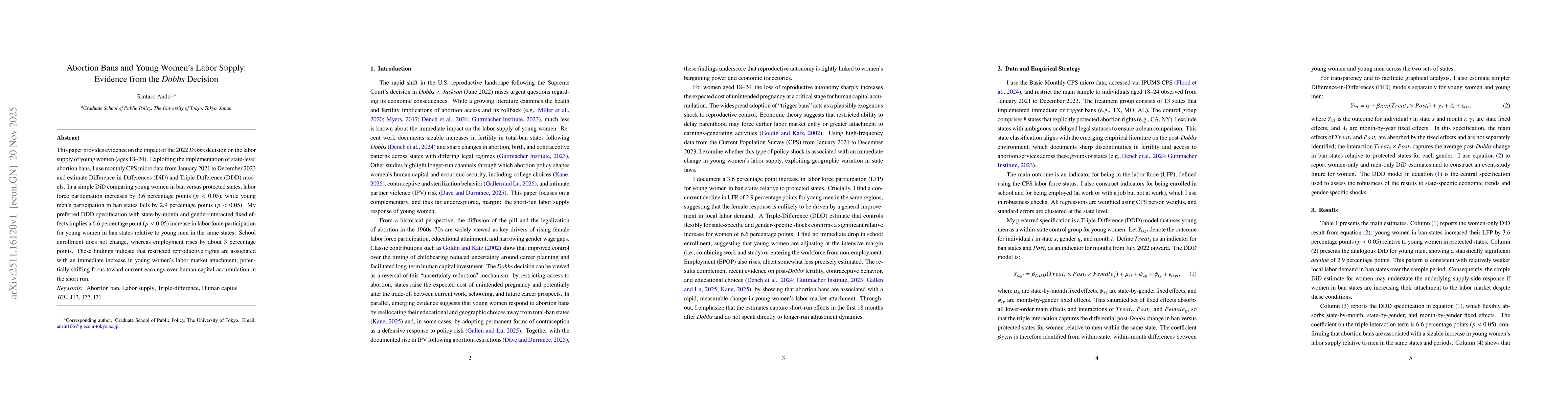 Thumbnail for Abortion Bans and Young Women's Labor Supply: Evidence from the Dobbs Decision