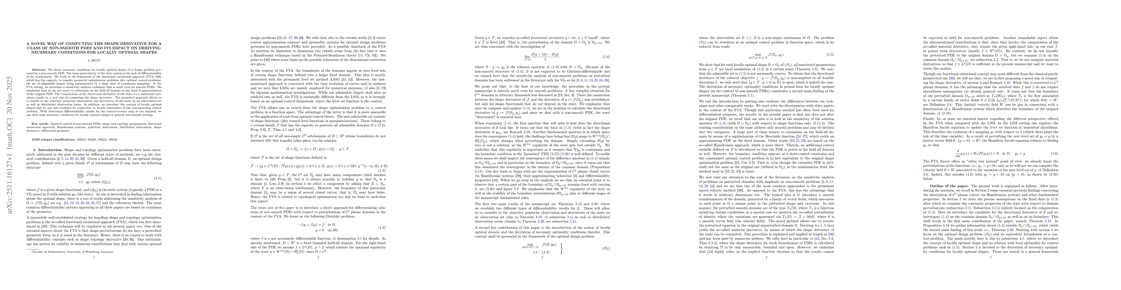 Thumbnail for A novel way of computing the shape derivative for a class of non-smooth PDEs and its impact on deriving necessary conditions for locally optimal shapes