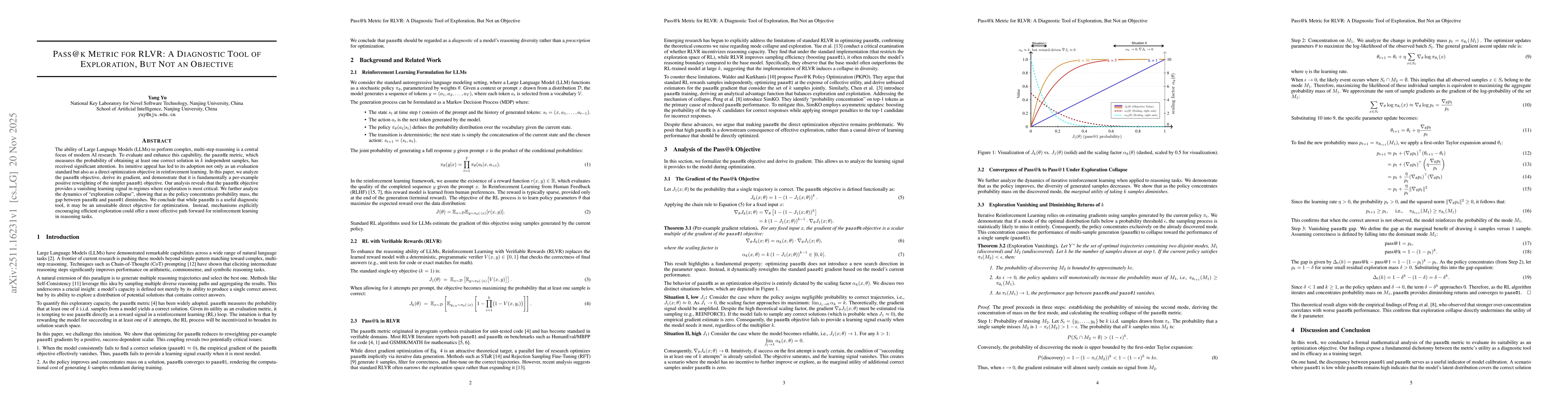 Thumbnail for Pass@k Metric for RLVR: A Diagnostic Tool of Exploration, But Not an Objective