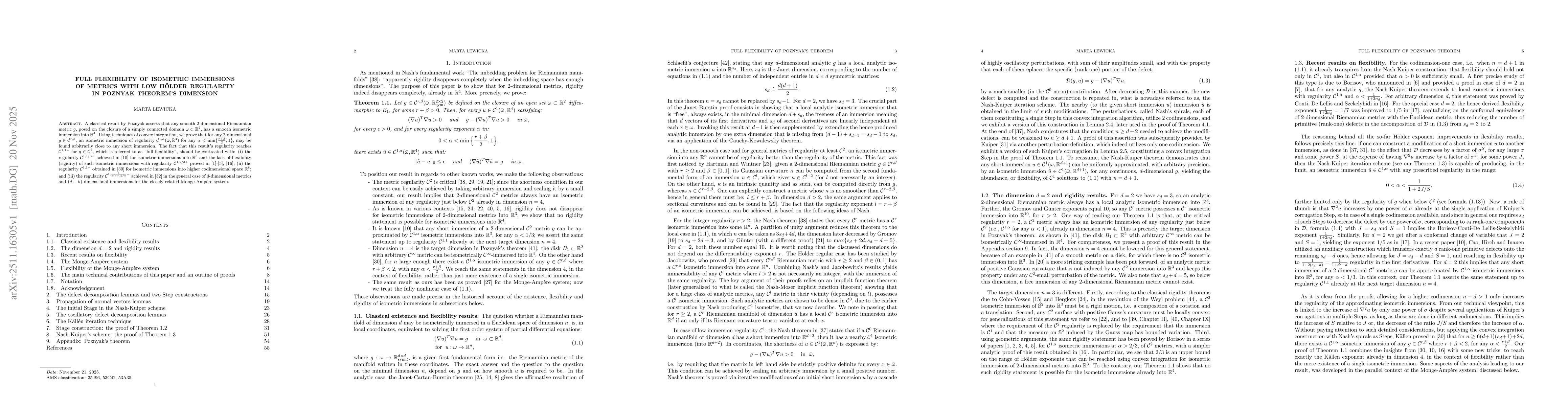 Thumbnail for Full flexibility of isometric immersions of metrics with low Hölder regularity in Poznyak theorem's dimension