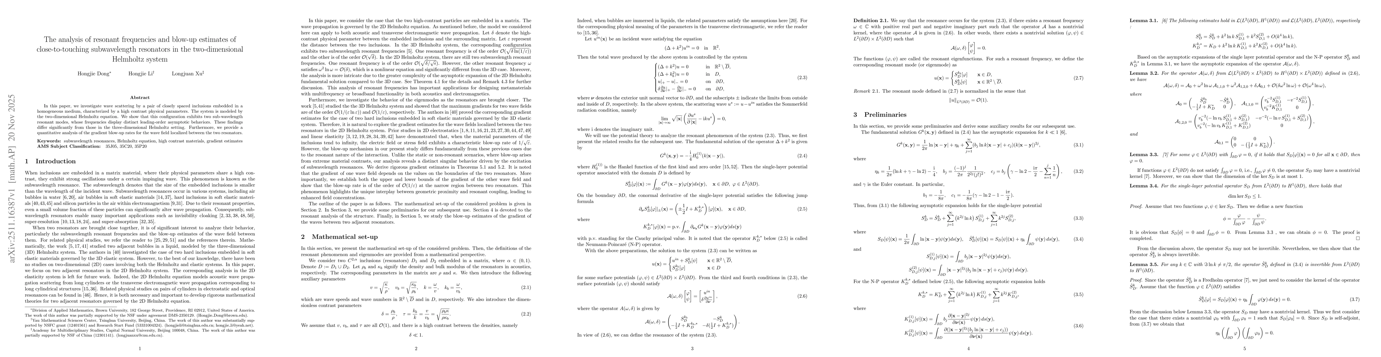 Thumbnail for The analysis of resonant frequencies and blow-up estimates of close-to-touching subwavelength resonators in the two-dimensional Helmholtz system
