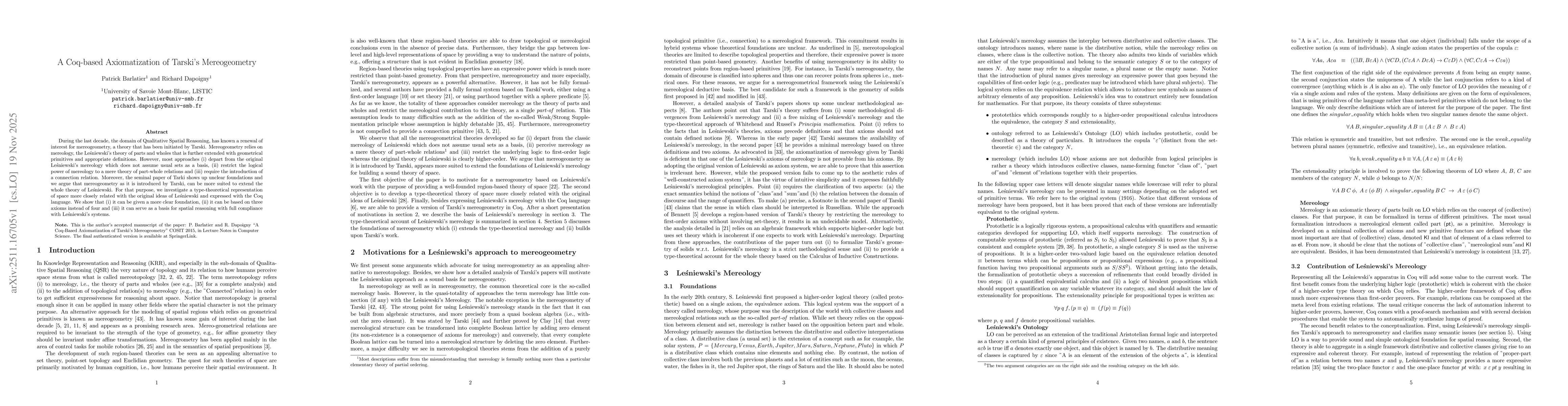 Thumbnail for A Coq-based Axiomatization of Tarski's Mereogeometry