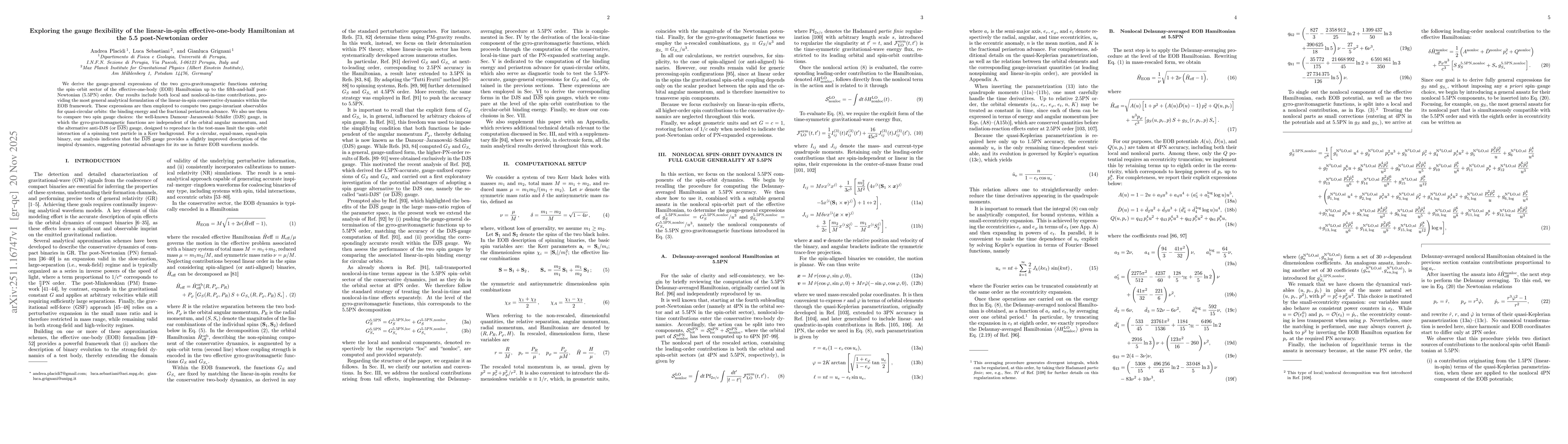 Thumbnail for Exploring the gauge flexibility of the linear-in-spin effective-one-body Hamiltonian at the 5.5 post-Newtonian order