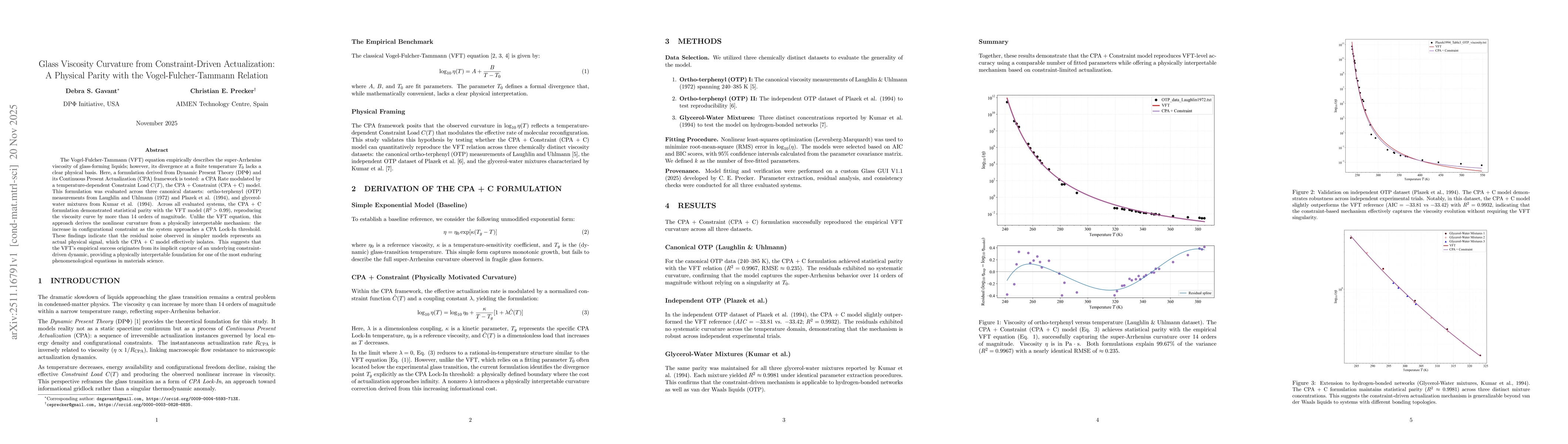 Thumbnail for Glass Viscosity Curvature from Constraint-Driven Actualization: A Physical Parity with the Vogel-Fulcher-Tammann Relation