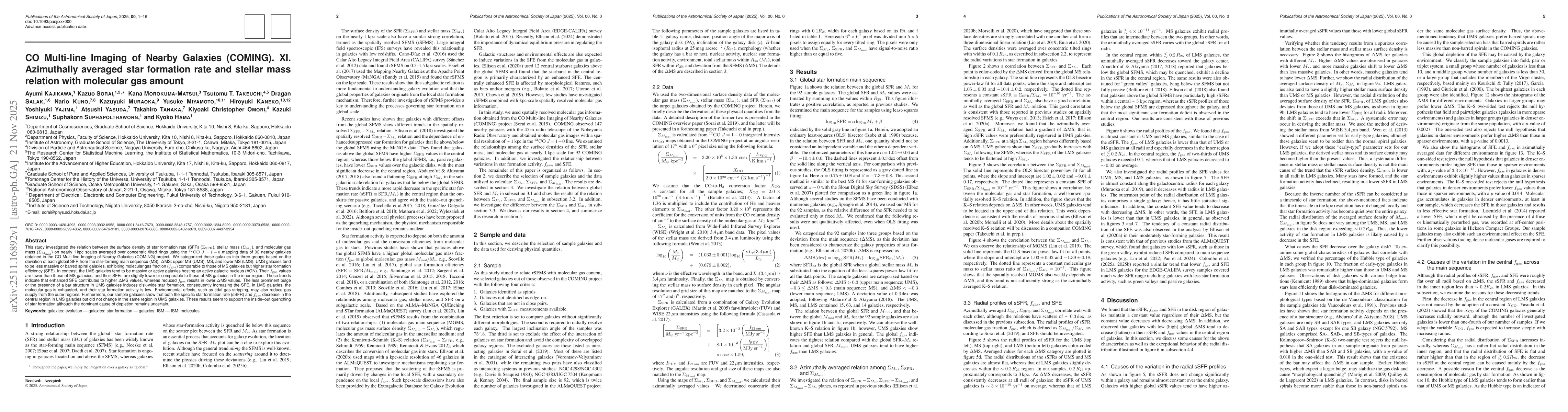 Thumbnail for CO Multi-line Imaging of Nearby Galaxies (COMING). XI. Azimuthally averaged star formation rate and stellar mass relation with molecular gas amount