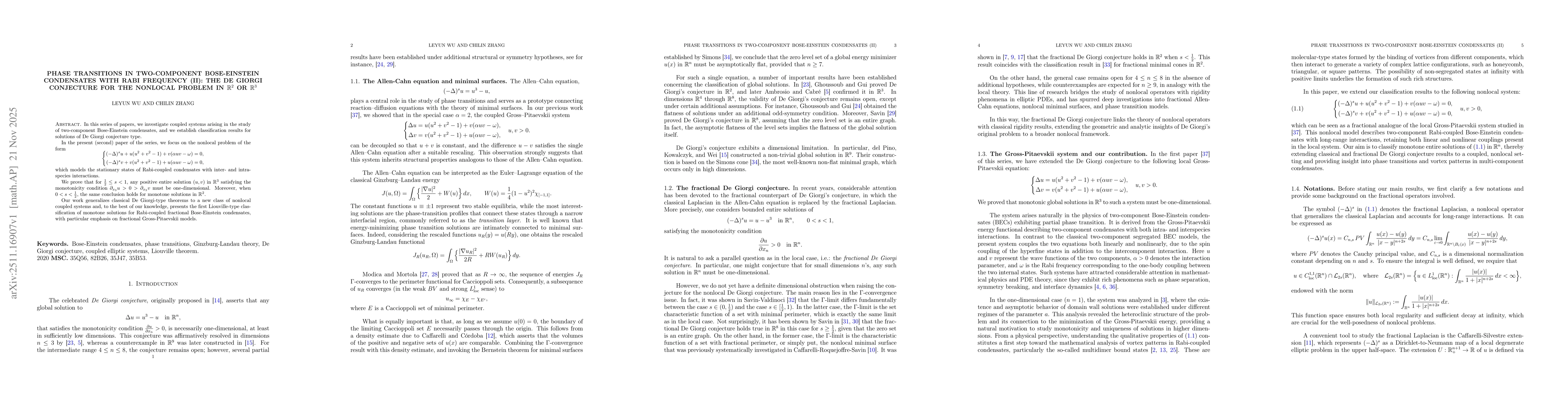 Thumbnail for Phase transitions in two-component Bose-Einstein condensates with Rabi frequency (II): The De Giorgi conjecture for the nonlocal problem in $\mathbb{R}^{2}$ or $\mathbb{R}^{3}$