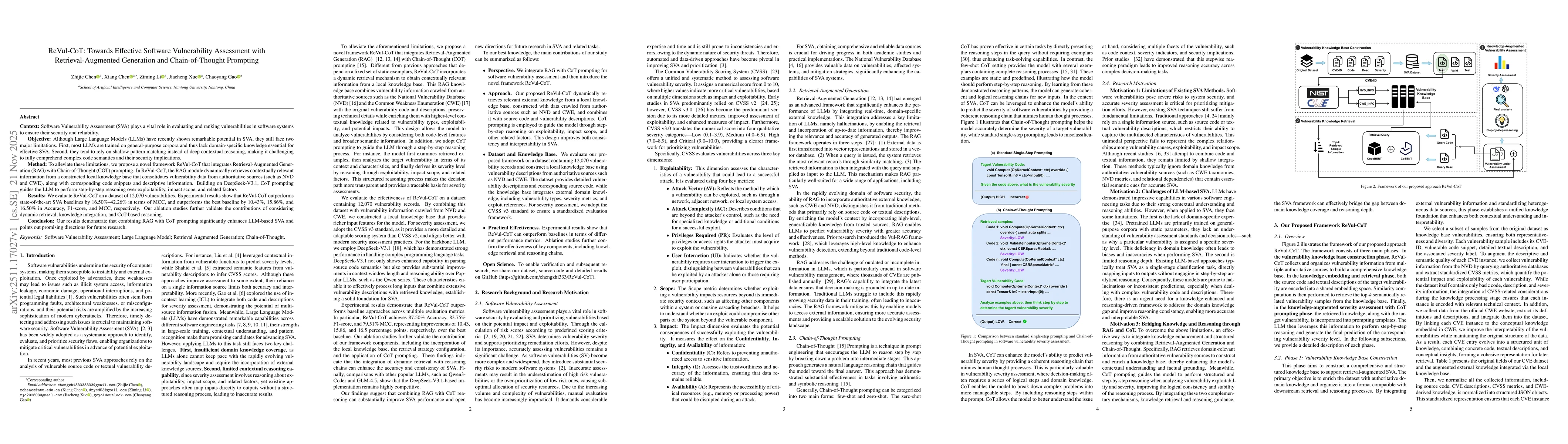 Thumbnail for ReVul-CoT: Towards Effective Software Vulnerability Assessment with Retrieval-Augmented Generation and Chain-of-Thought Prompting