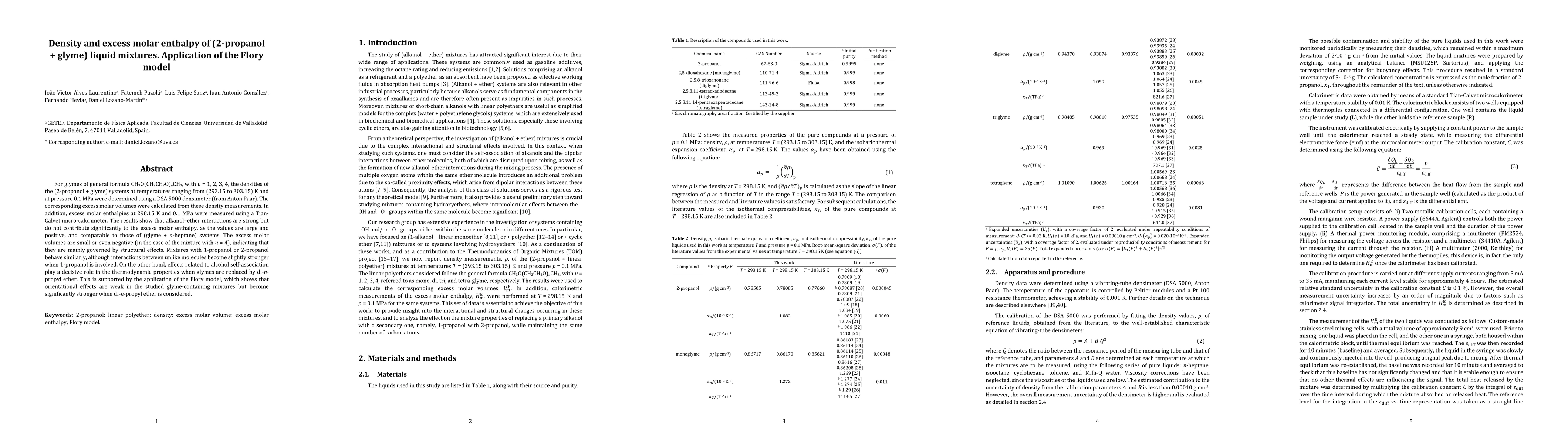 Thumbnail for Density and excess molar enthalpy of (2-propanol + glyme) liquid mixtures. Application of the Flory model