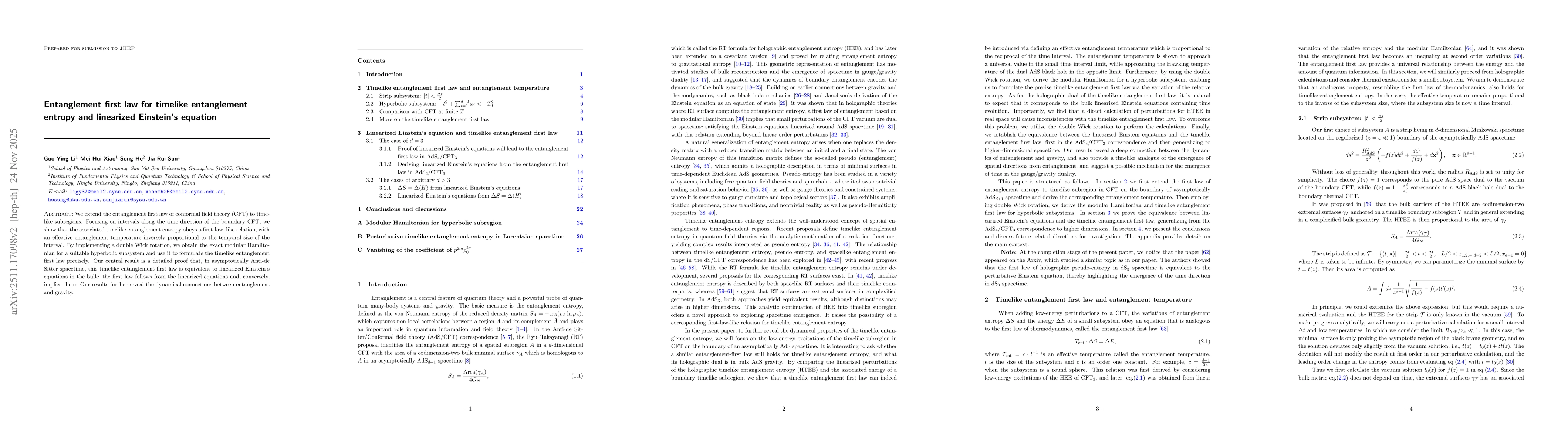 Thumbnail for Entanglement first law for timelike entanglement entropy and linearized Einstein's equation