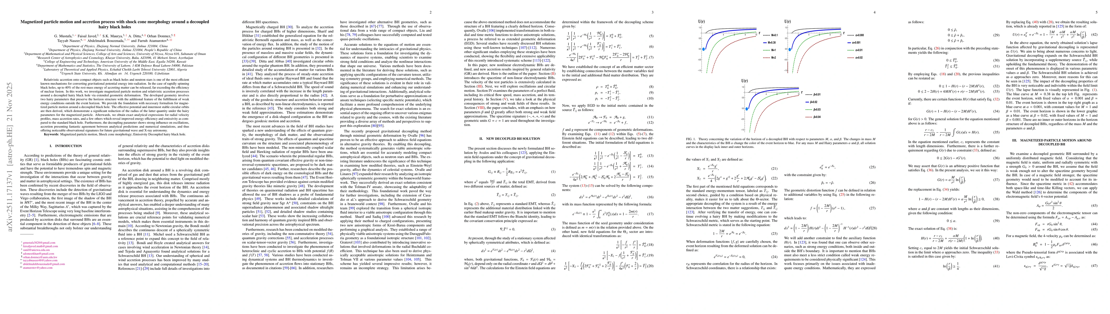 Thumbnail for Magnetized particle motion and accretion process with shock cone morphology around a decoupled hairy black holes