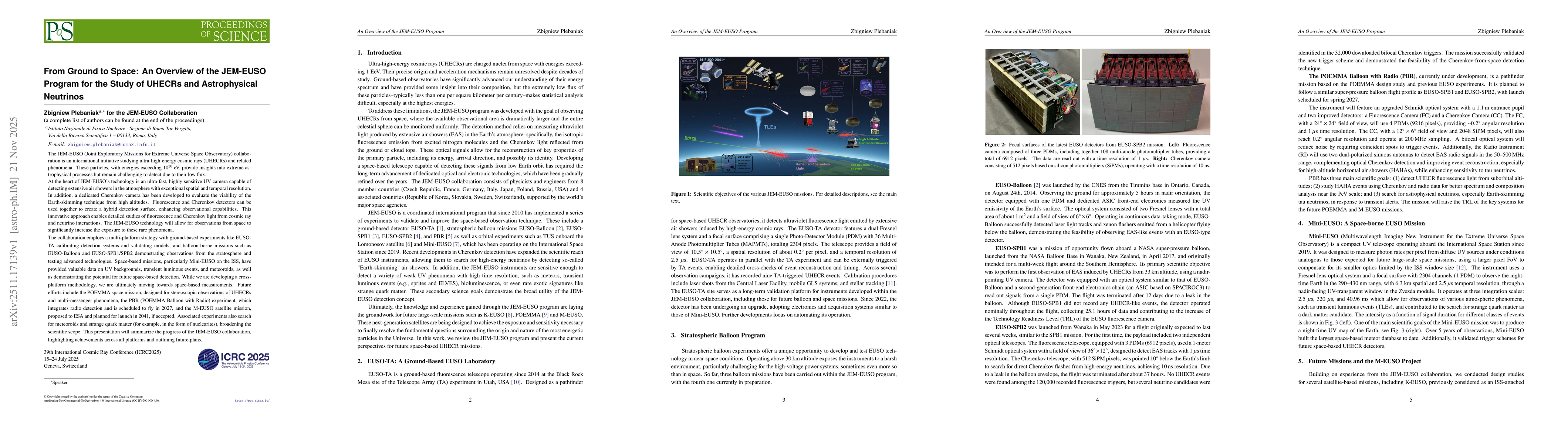 Thumbnail for From Ground to Space: An Overview of the JEM-EUSO Program for the Study of UHECRs and Astrophysical Neutrinos