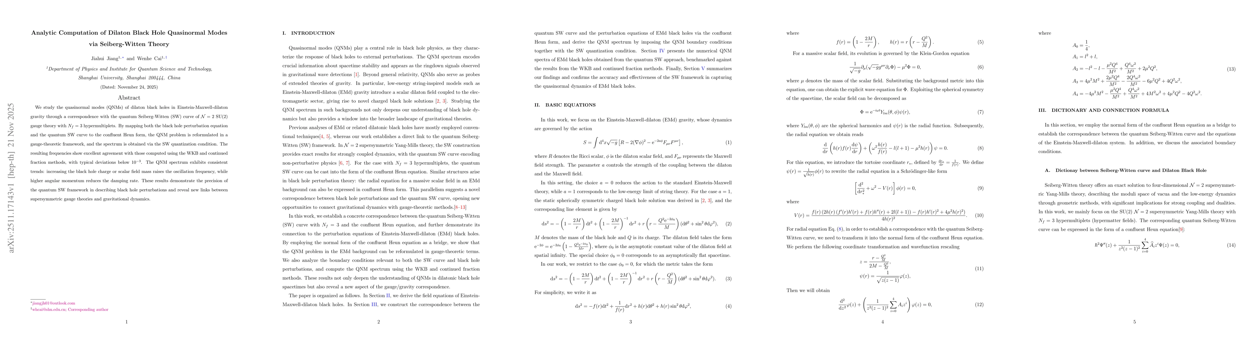 Thumbnail for Analytic Computation of Dilaton Black Hole Quasinormal Modes via Seiberg-Witten Theory
