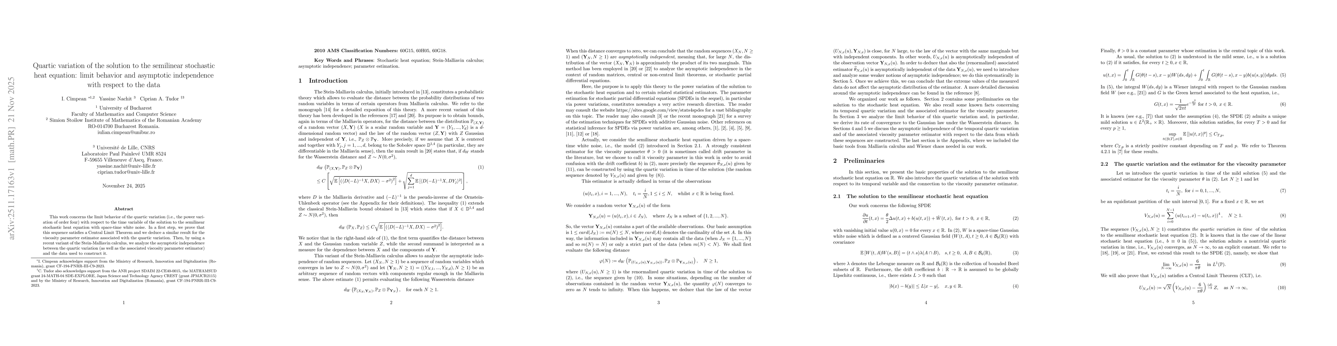 Thumbnail for Quartic variation of the solution to the semilinear stochastic heat equation: limit behavior and asymptotic independence with respect to the data