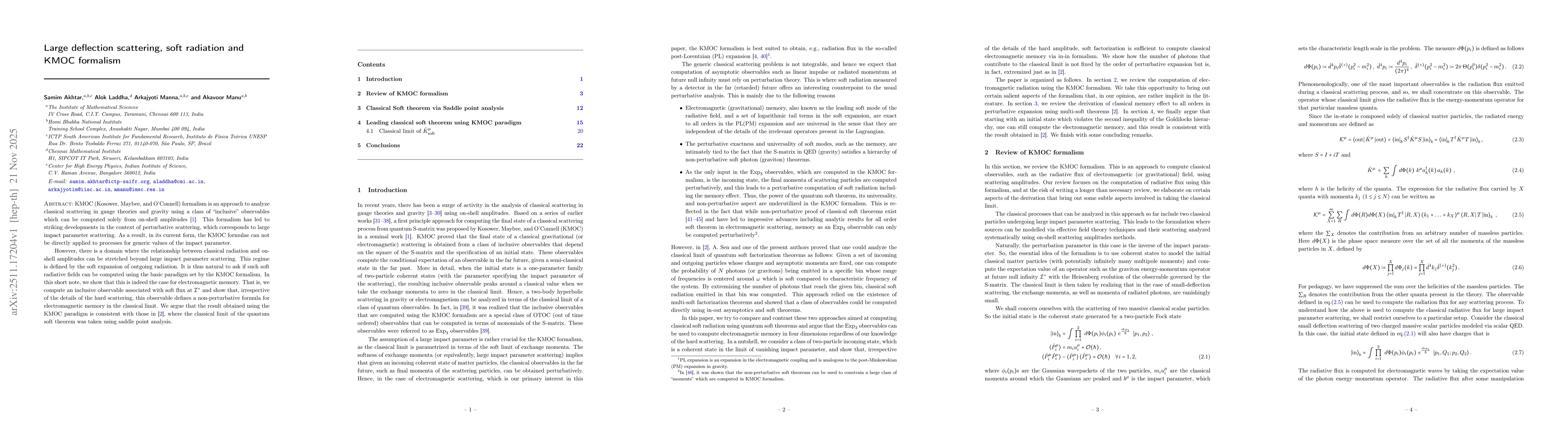 Thumbnail for Large deflection scattering, soft radiation and KMOC formalism