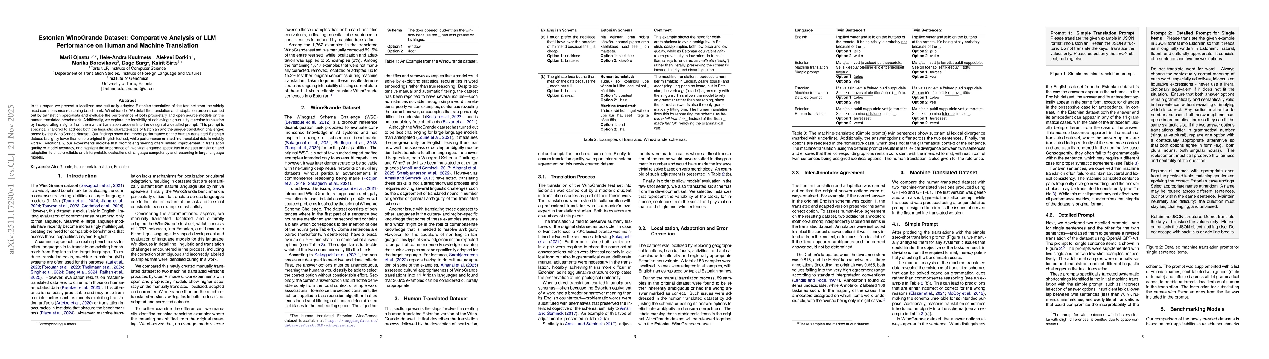 Thumbnail for Estonian WinoGrande Dataset: Comparative Analysis of LLM Performance on Human and Machine Translation