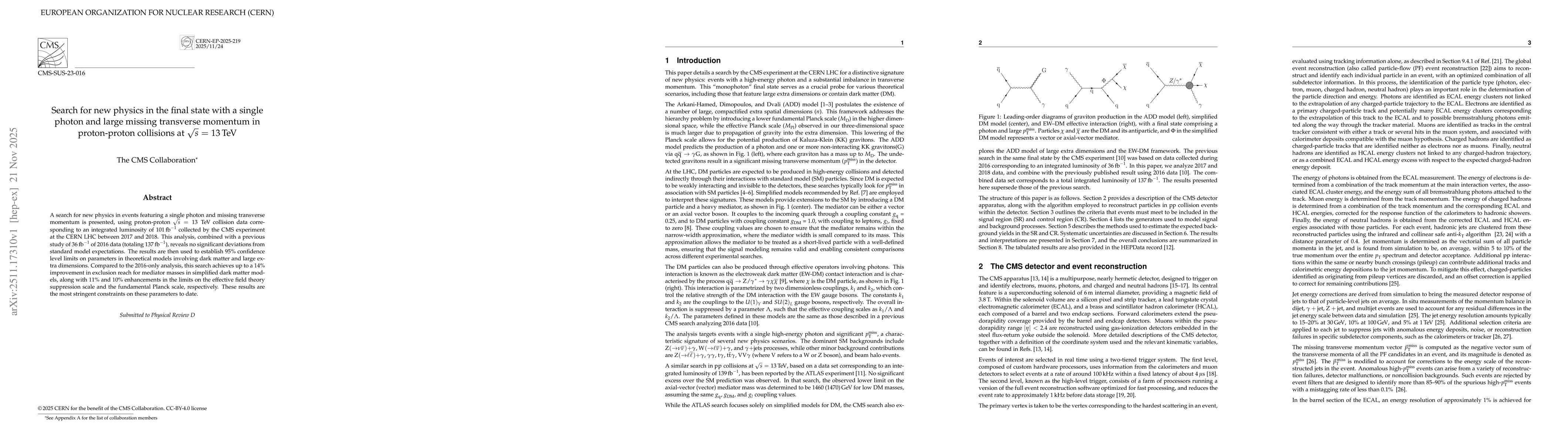 Thumbnail for Search for new physics in the final state with a single photon and large missing transverse momentum in proton-proton collisions at $\sqrt{s}$ = 13 TeV