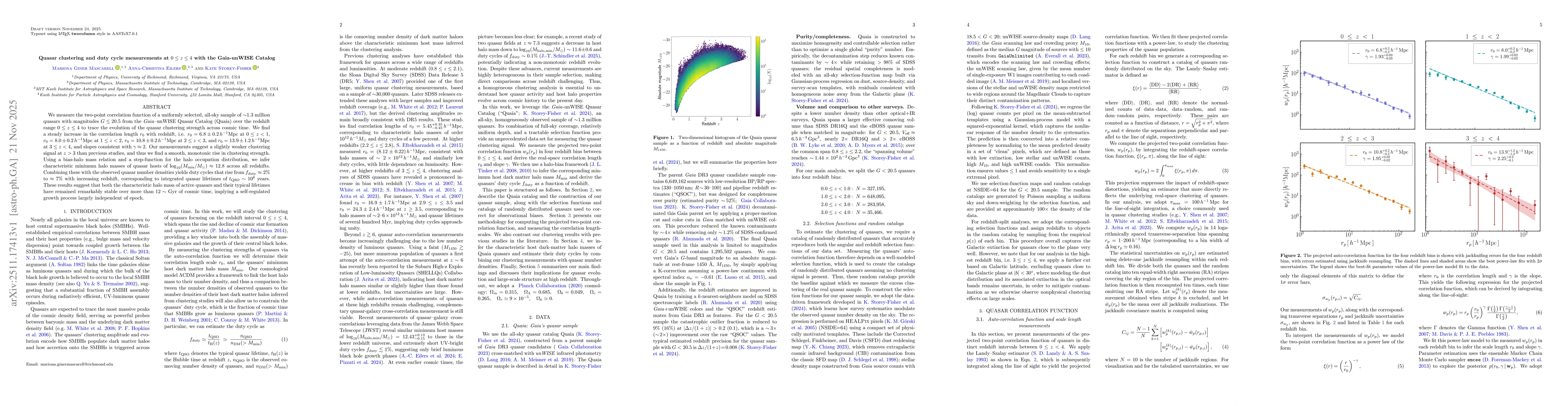 Thumbnail for Quasar clustering and duty cycle measurements at $0\leq z\leq 4$ with the Gaia-unWISE Catalog