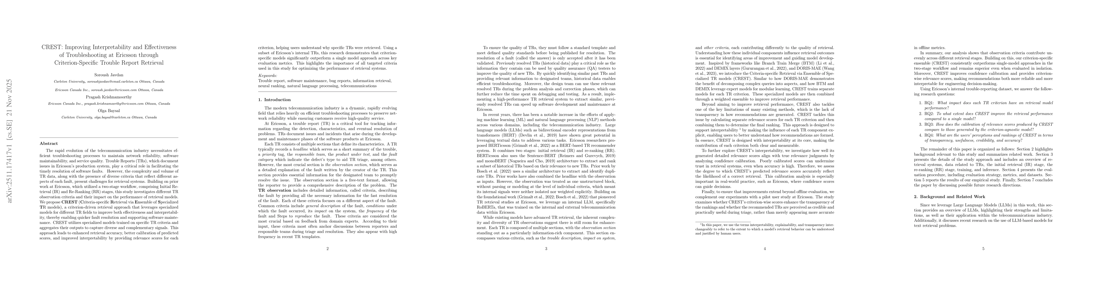 Thumbnail for CREST: Improving Interpretability and Effectiveness of Troubleshooting at Ericsson through Criterion-Specific Trouble Report Retrieval