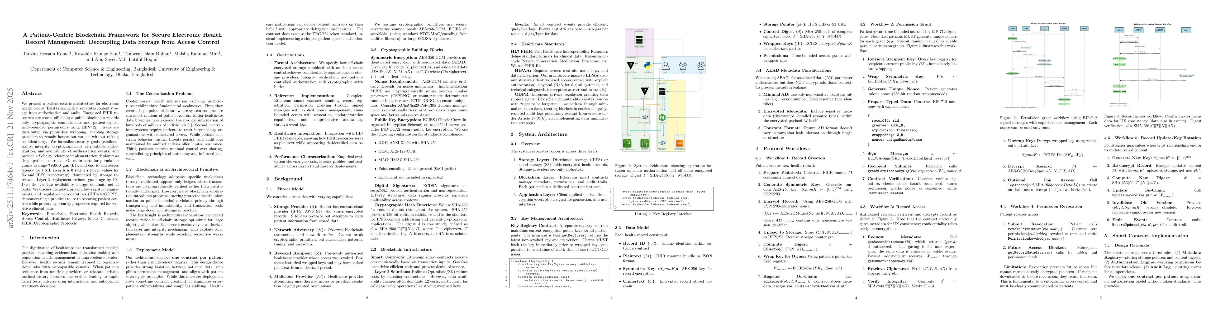 Thumbnail for A Patient-Centric Blockchain Framework for Secure Electronic Health Record Management: Decoupling Data Storage from Access Control