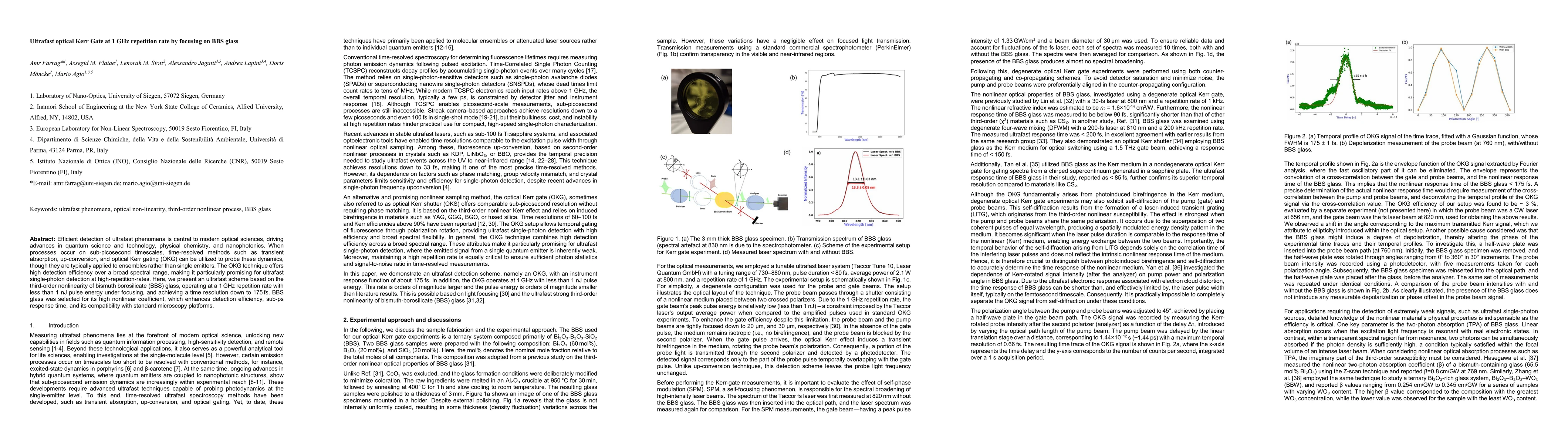 Thumbnail for Ultrafast optical Kerr Gate at 1 GHz repetition rate by focusing on BBS glass