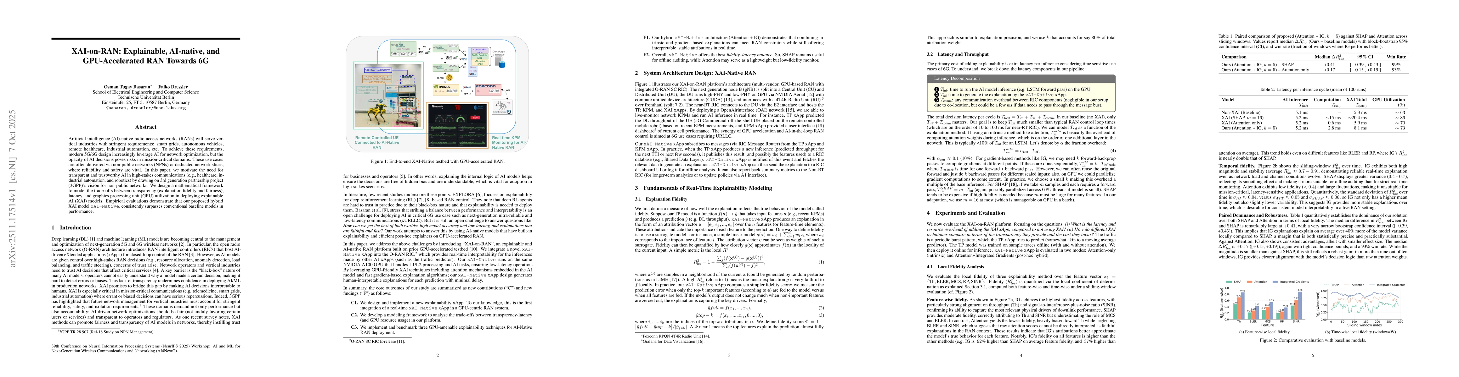 Thumbnail for XAI-on-RAN: Explainable, AI-native, and GPU-Accelerated RAN Towards 6G