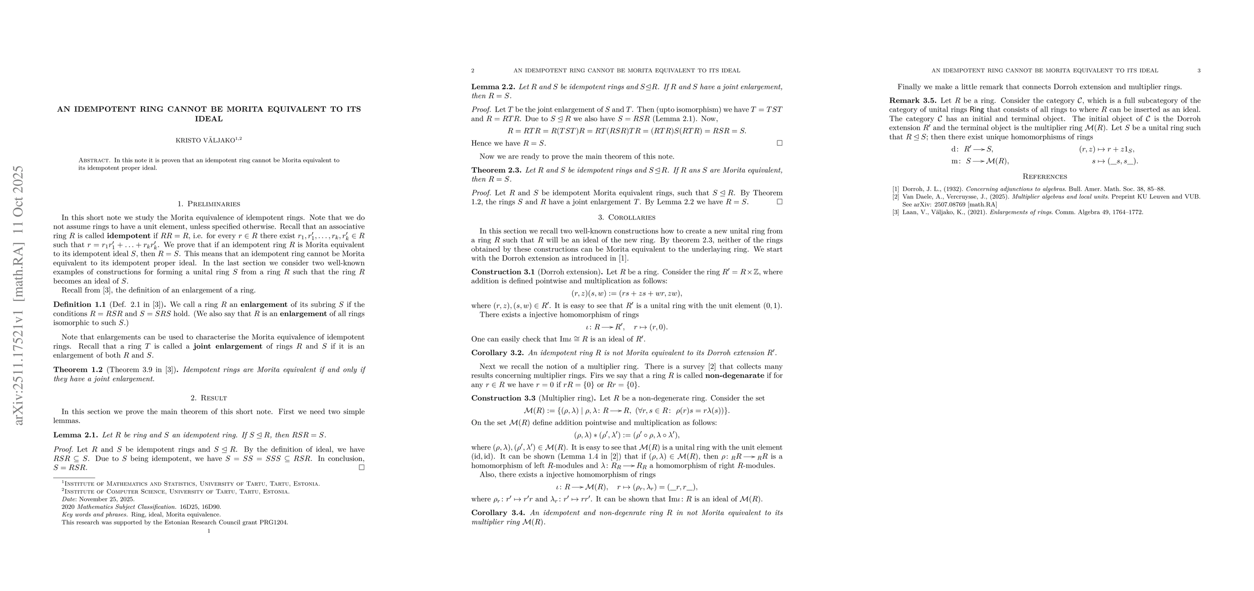 Thumbnail for An idempotent ring cannot be Morita equivalent to its ideal