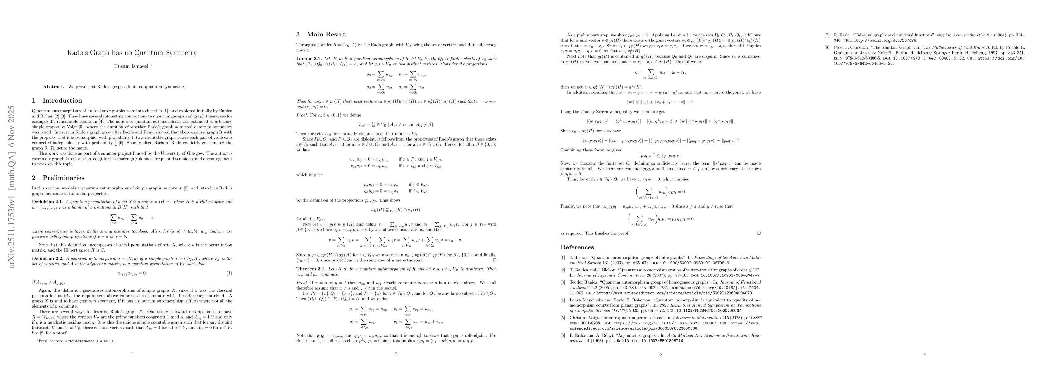 Thumbnail for Rado's Graph has no Quantum Symmetry