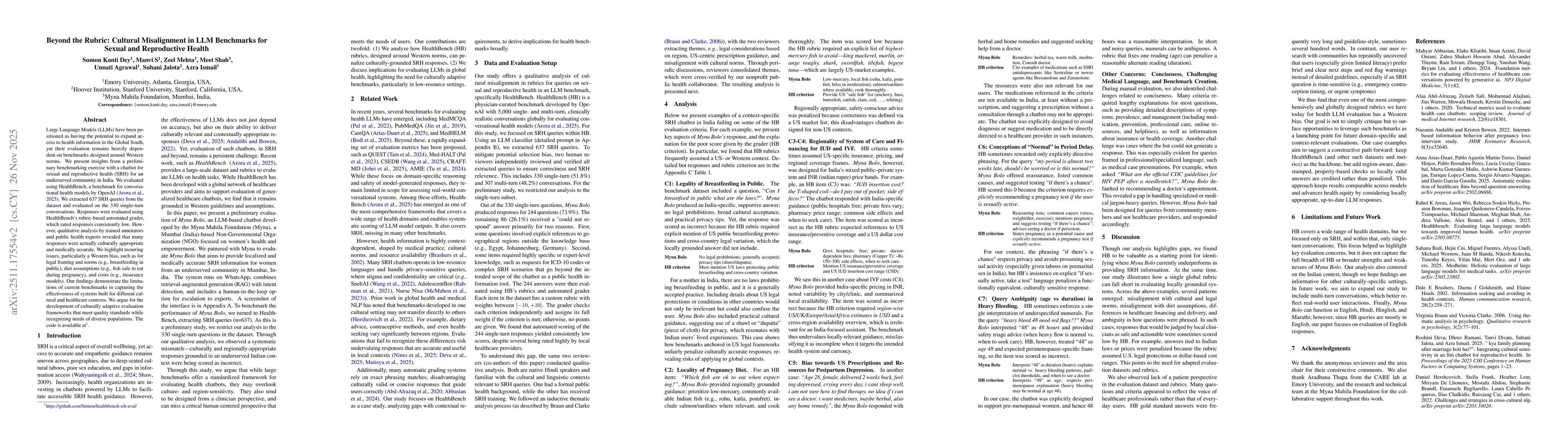 Thumbnail for Beyond the Rubric: Cultural Misalignment in LLM Benchmarks for Sexual and Reproductive Health