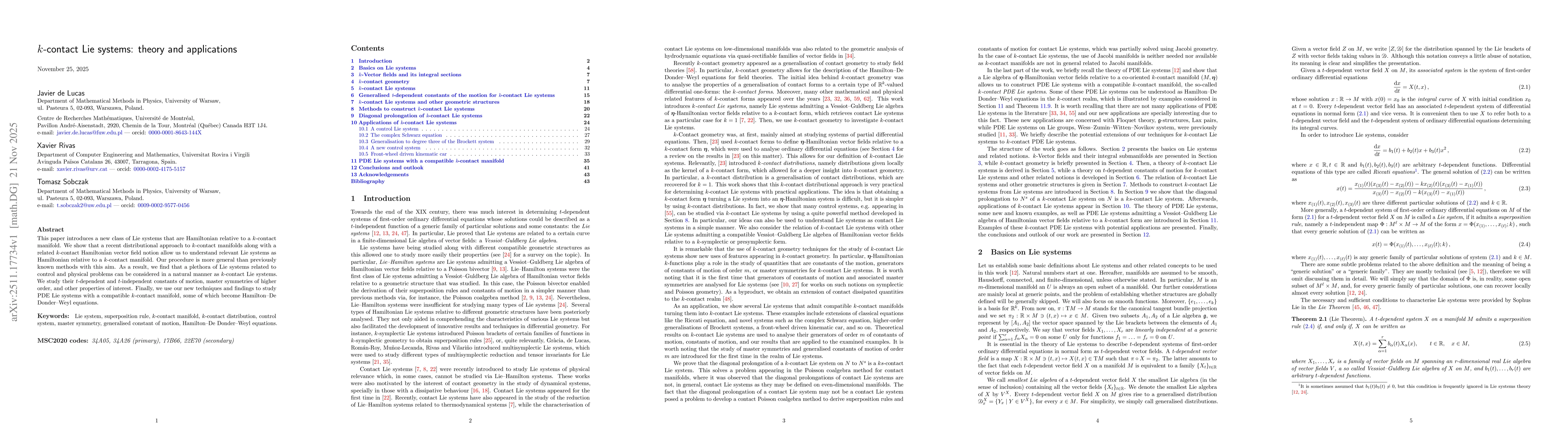 Thumbnail for $k$-contact Lie systems: theory and applications