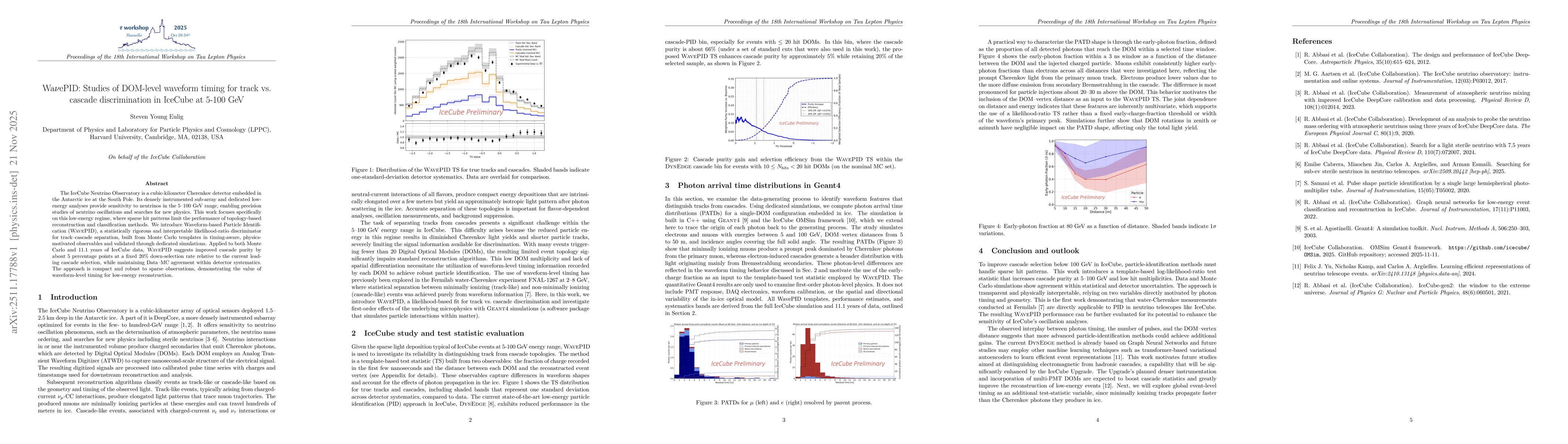 Thumbnail for WavePID: Studies of DOM-level waveform timing for track vs. cascade discrimination in IceCube at 5-100 GeV