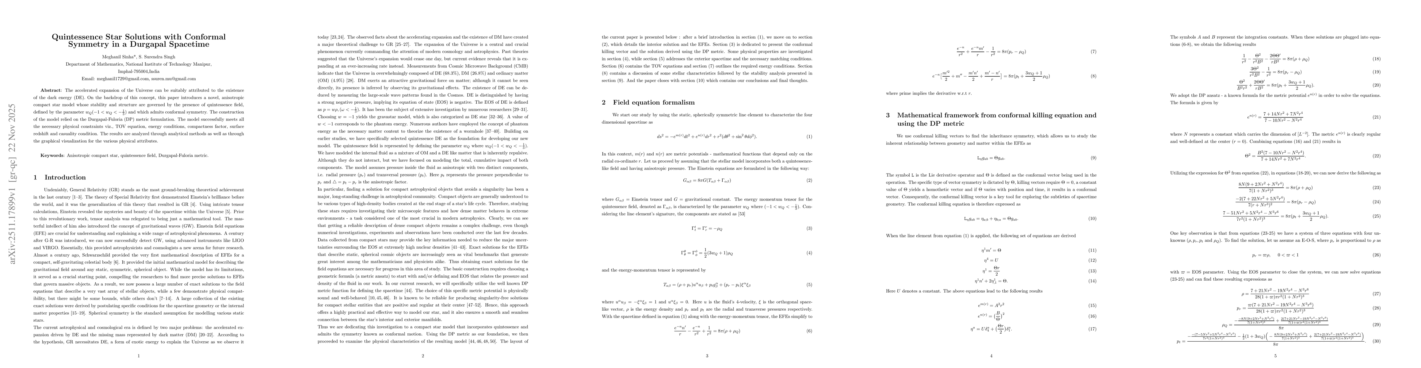 Thumbnail for Quintessence Star Solutions with Conformal Symmetry in a Durgapal Spacetime