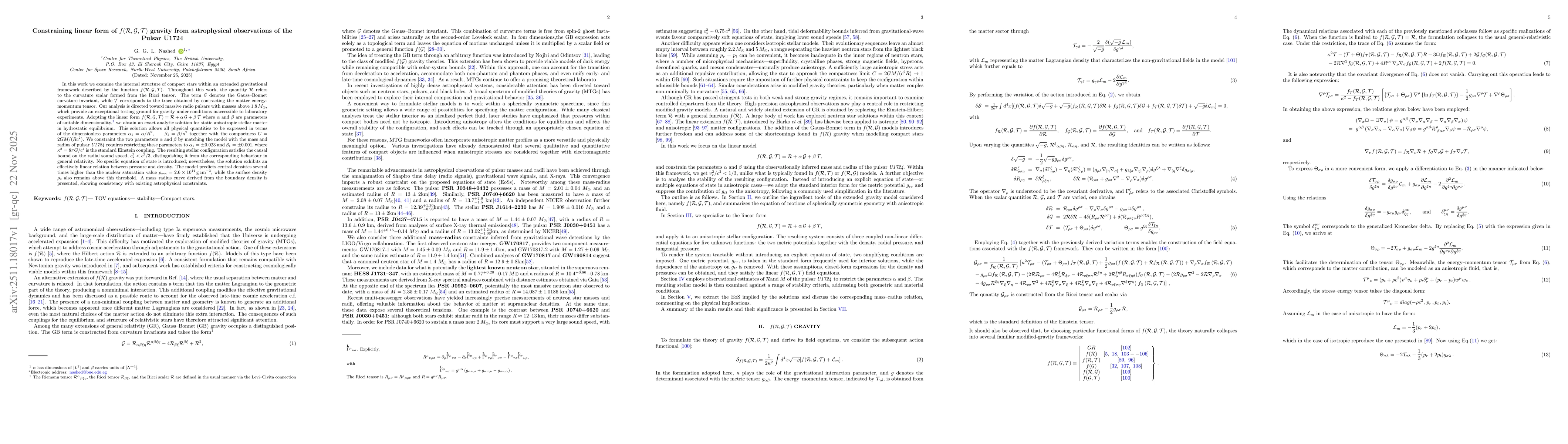 Thumbnail for Constraining linear form of $f(\mathcal{R,G,T})$ gravity from astrophysical observations of the Pulsar U1724