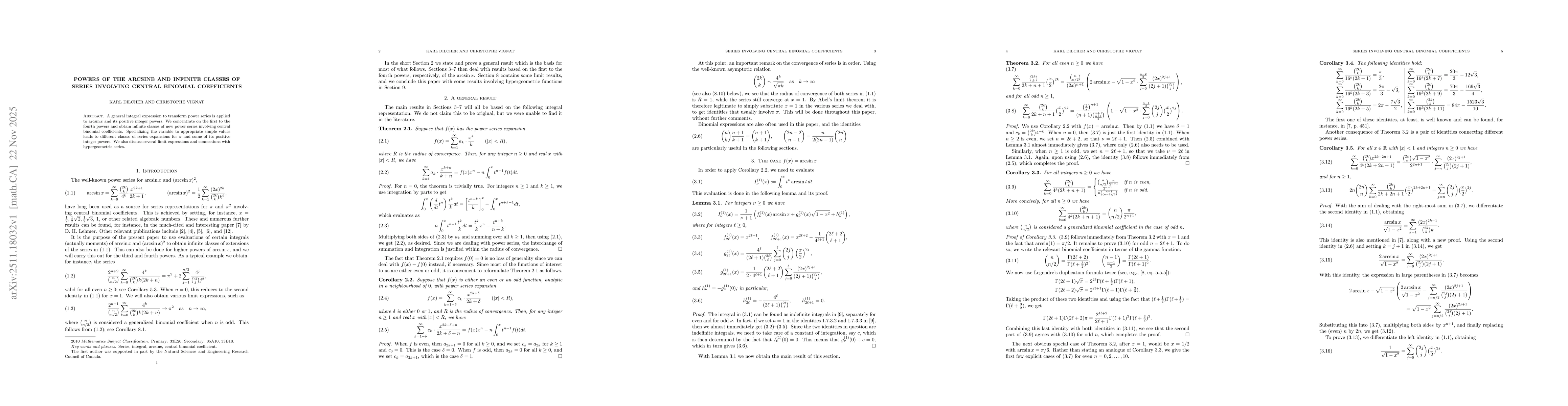 Thumbnail for Powers of the arcsine and infinite classes of series involving central binomial coefficients