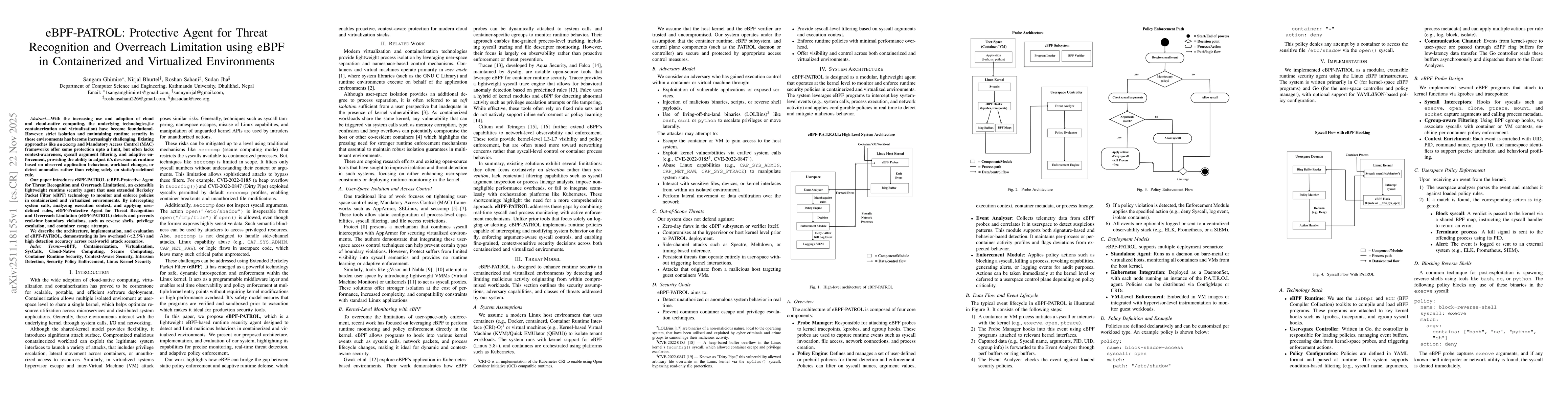 Thumbnail for eBPF-PATROL: Protective Agent for Threat Recognition and Overreach Limitation using eBPF in Containerized and Virtualized Environments