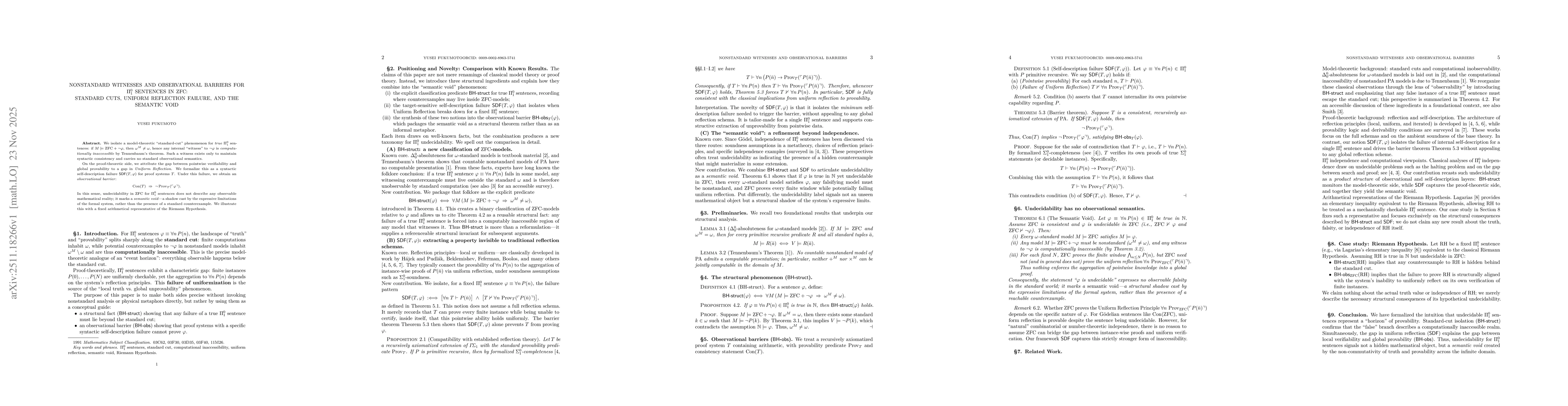 Thumbnail for Nonstandard Witnesses and Observational Barriers for Π0_1 Sentences in ZFC: Standard Cuts, Uniform Reflection Failure, and the Semantic Void