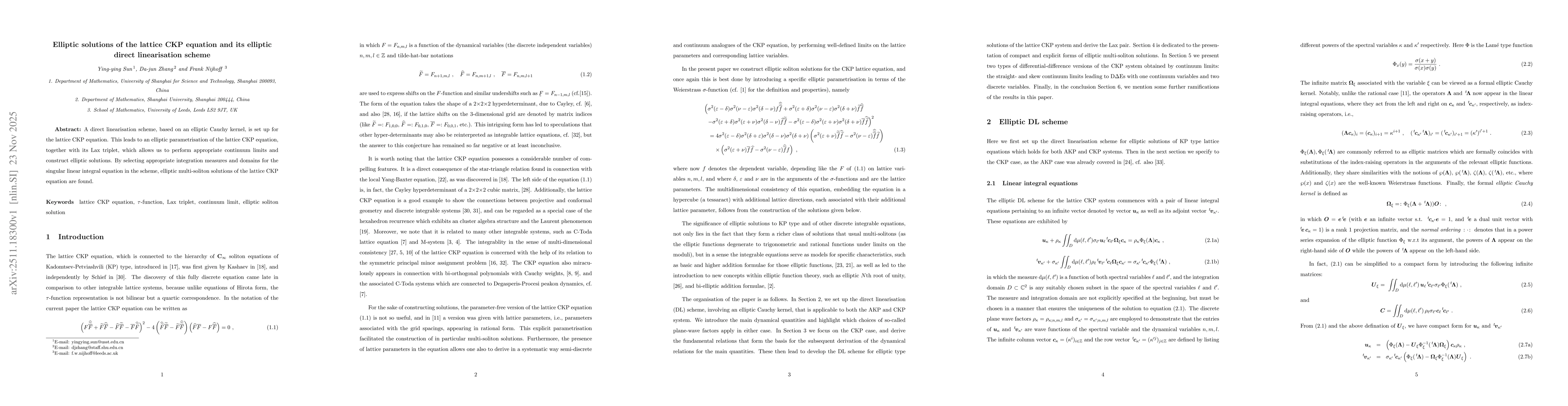 Thumbnail for Elliptic solutions of the lattice CKP equation and its elliptic direct linearisation scheme