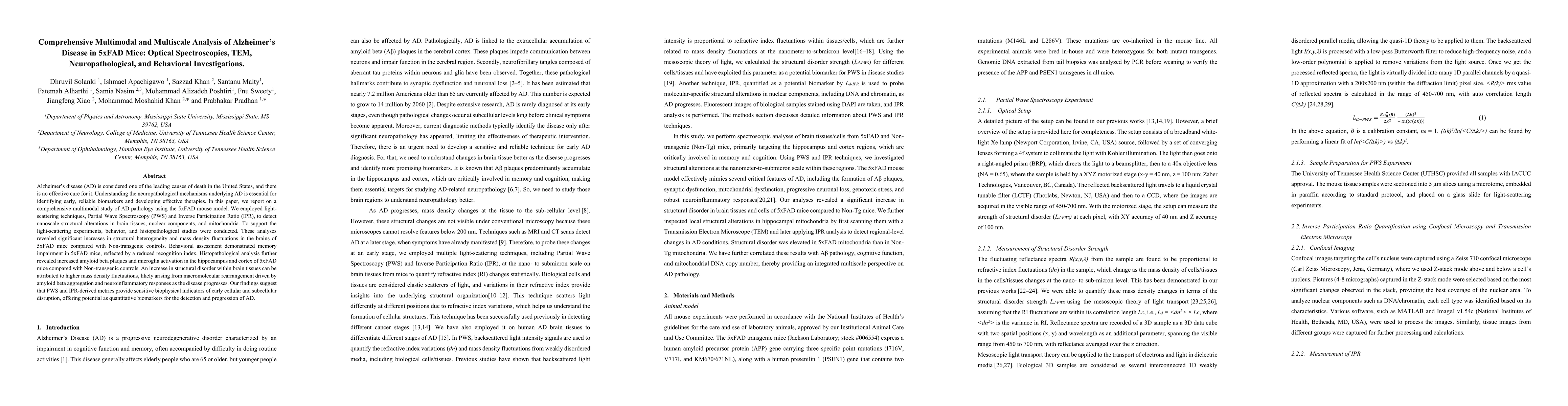 Thumbnail for Comprehensive Multimodal and Multiscale Analysis of Alzheimer Disease in 5xFAD Mice: Optical Spectroscopies, TEM, Neuropathological, and Behavioral Investigations