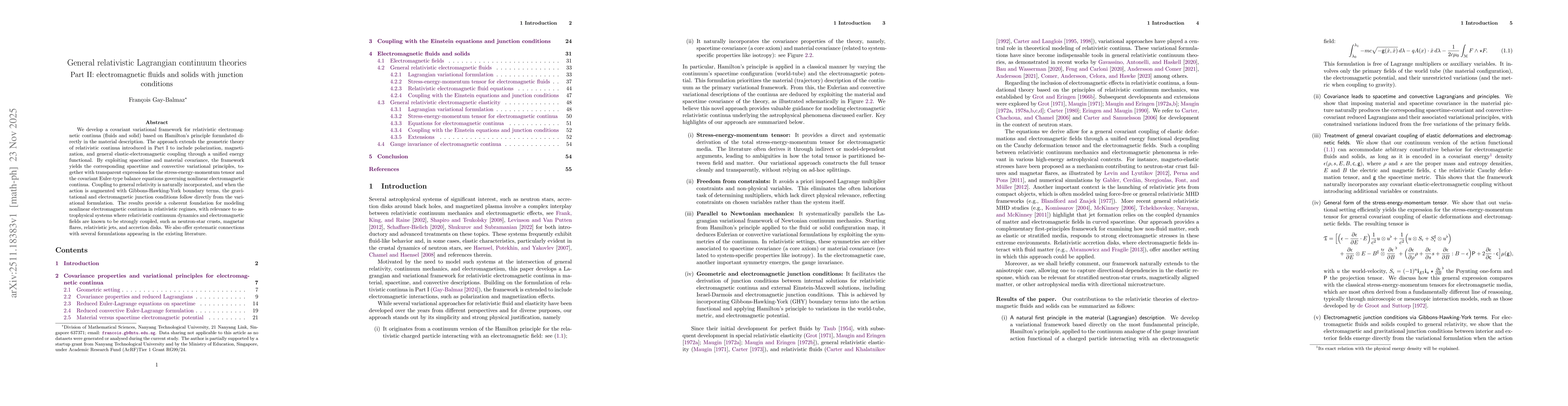 Thumbnail for General relativistic Lagrangian continuum theories -- Part II: electromagnetic fluids and solids with junction conditions
