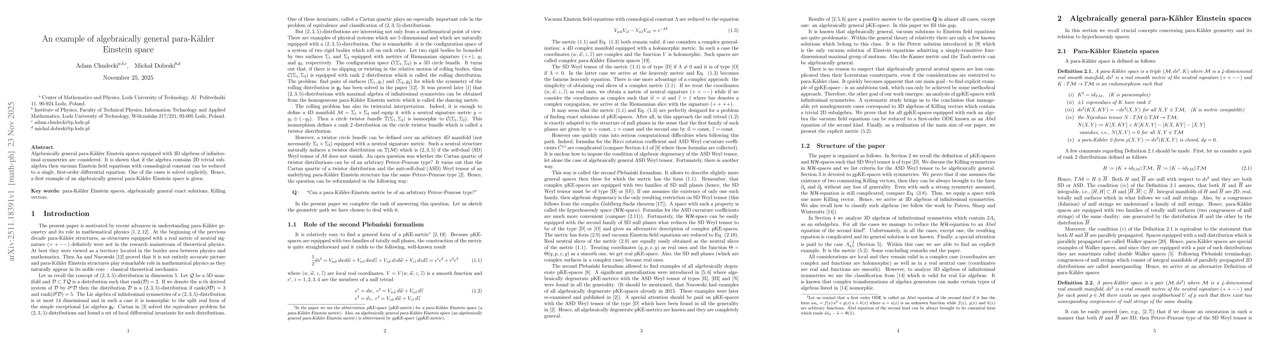 Thumbnail for An example of algebraically general para-Kähler Einstein space