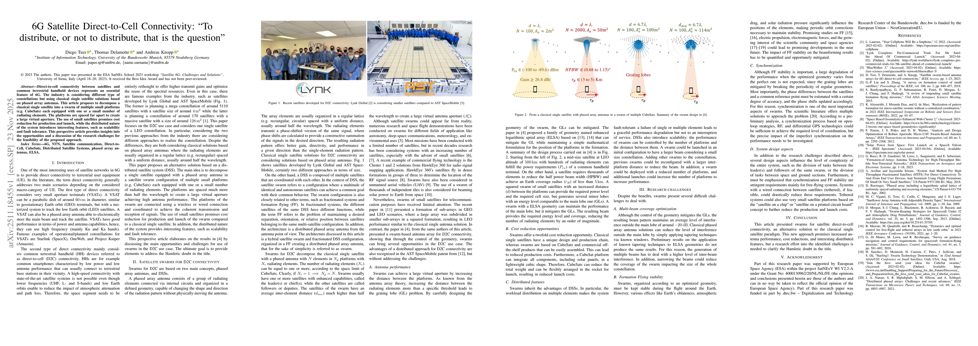 Thumbnail for 6G Satellite Direct-to-Cell Connectivity: "To distribute, or not to distribute, that is the question"