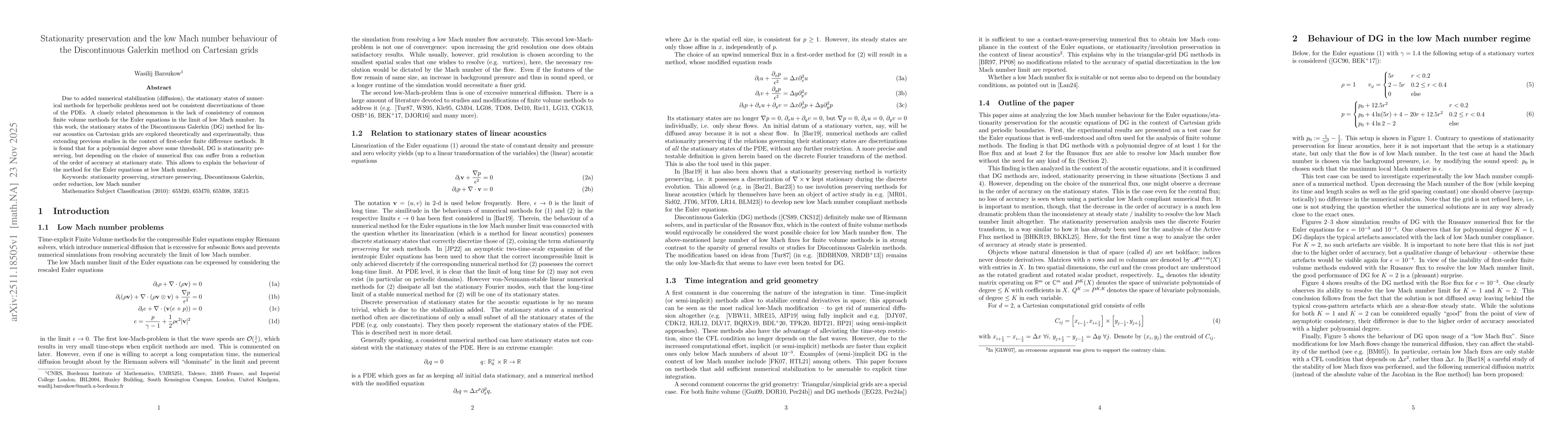 Thumbnail for Stationarity preservation and the low Mach number behaviour of the Discontinuous Galerkin method on Cartesian grids