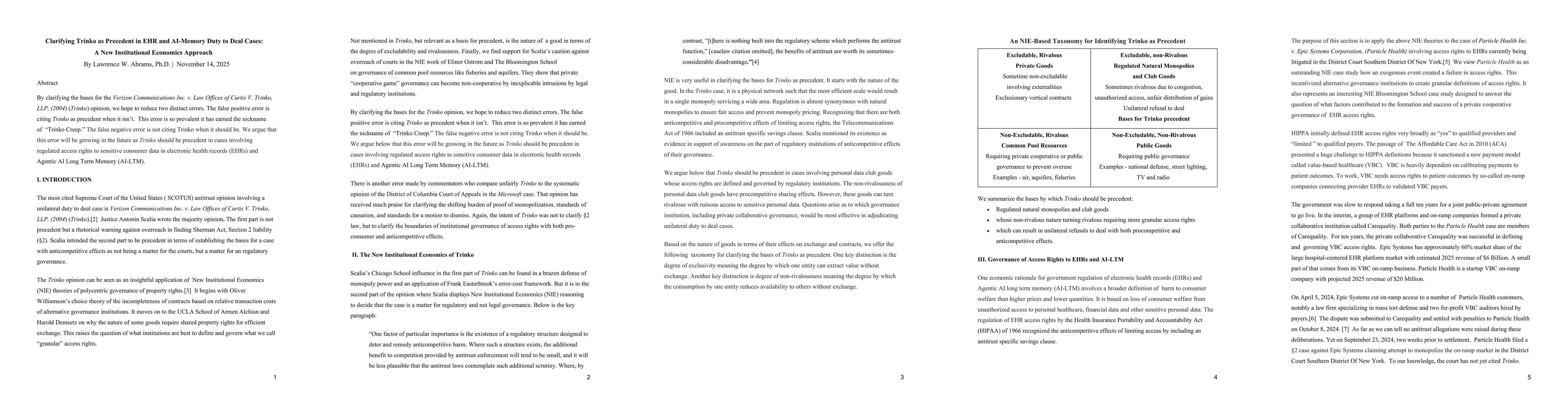 Thumbnail for Clarifying Trinko as Precedent in EHR and AI Memory Duty to Deal Cases: A New Institutional Economics Approach