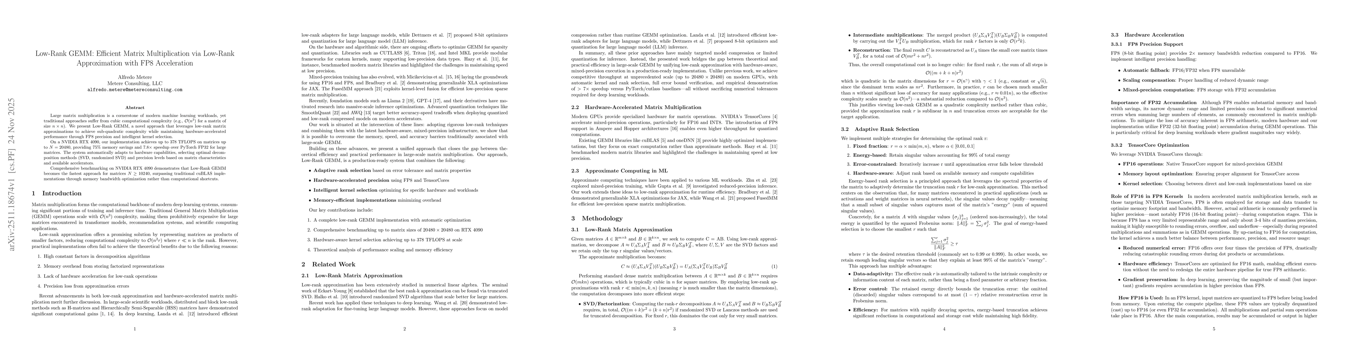 Thumbnail for Low-Rank GEMM: Efficient Matrix Multiplication via Low-Rank Approximation with FP8 Acceleration