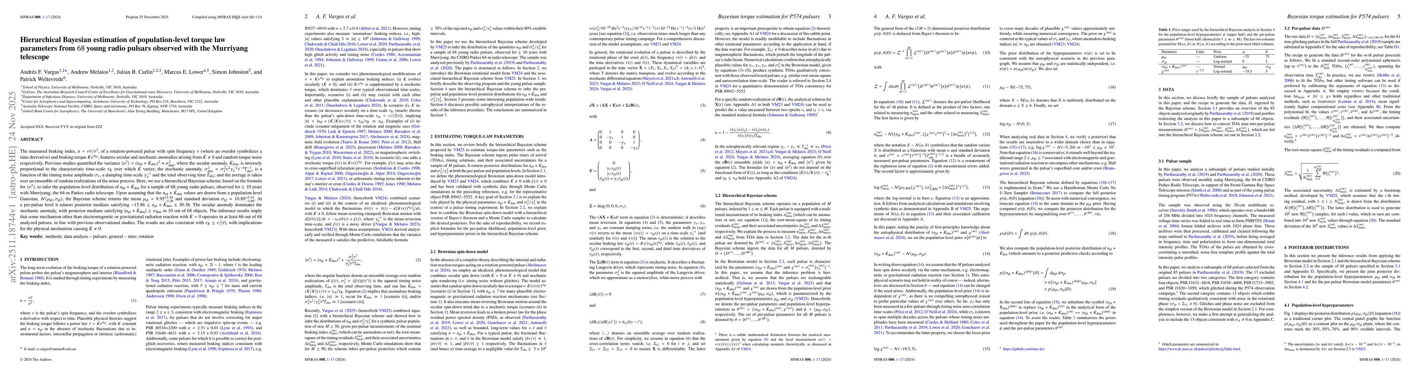 Thumbnail for Hierarchical Bayesian estimation of population-level torque law parameters from $68$ young radio pulsars observed with the Murriyang telescope