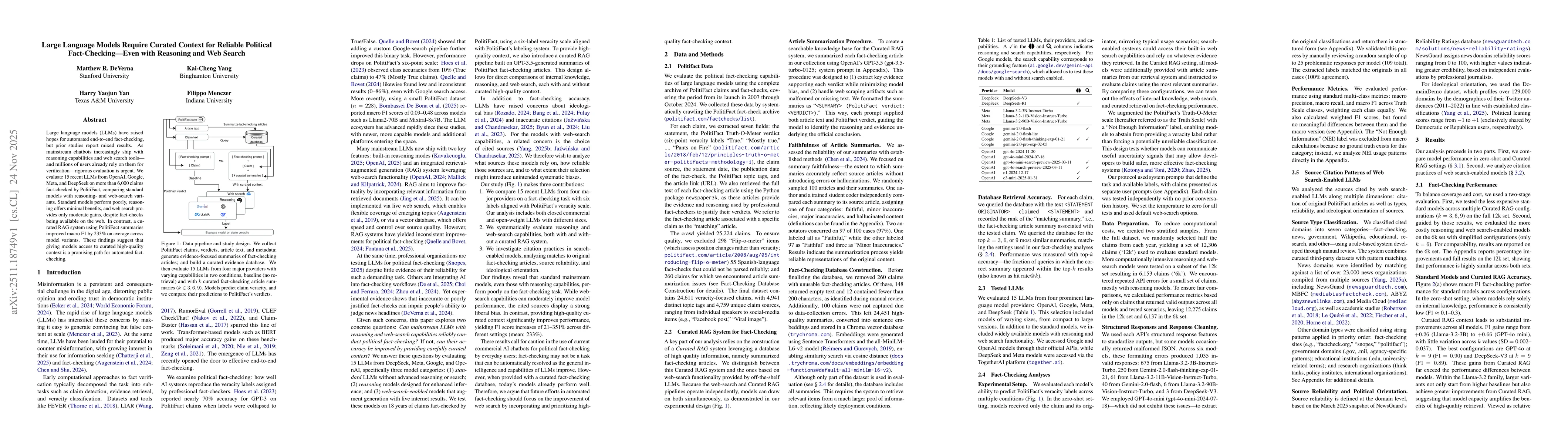Thumbnail for Large Language Models Require Curated Context for Reliable Political Fact-Checking -- Even with Reasoning and Web Search