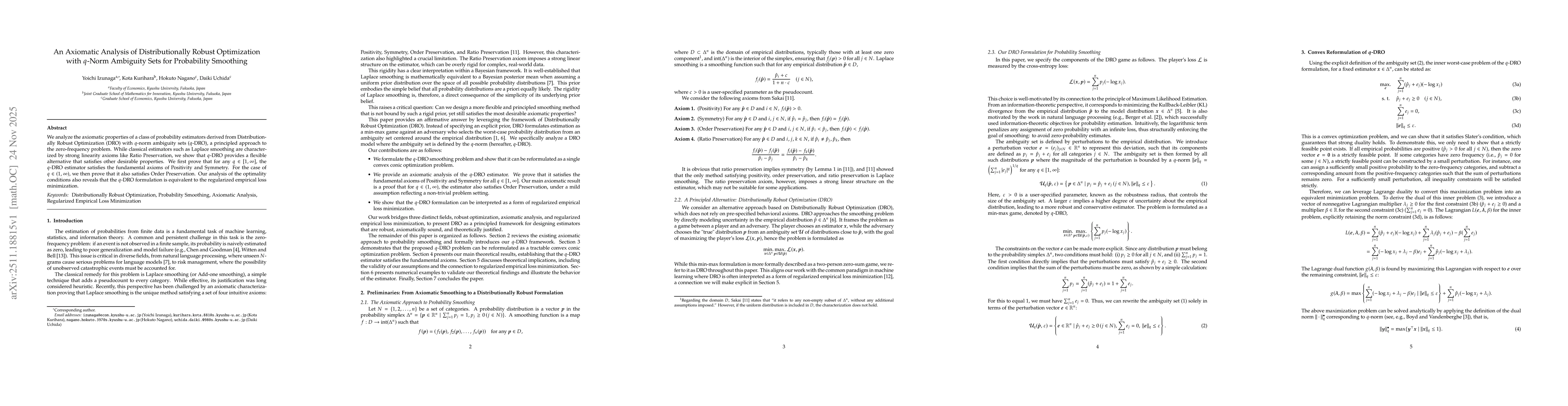 Thumbnail for An Axiomatic Analysis of Distributionally Robust Optimization with $q$-Norm Ambiguity Sets for Probability Smoothing