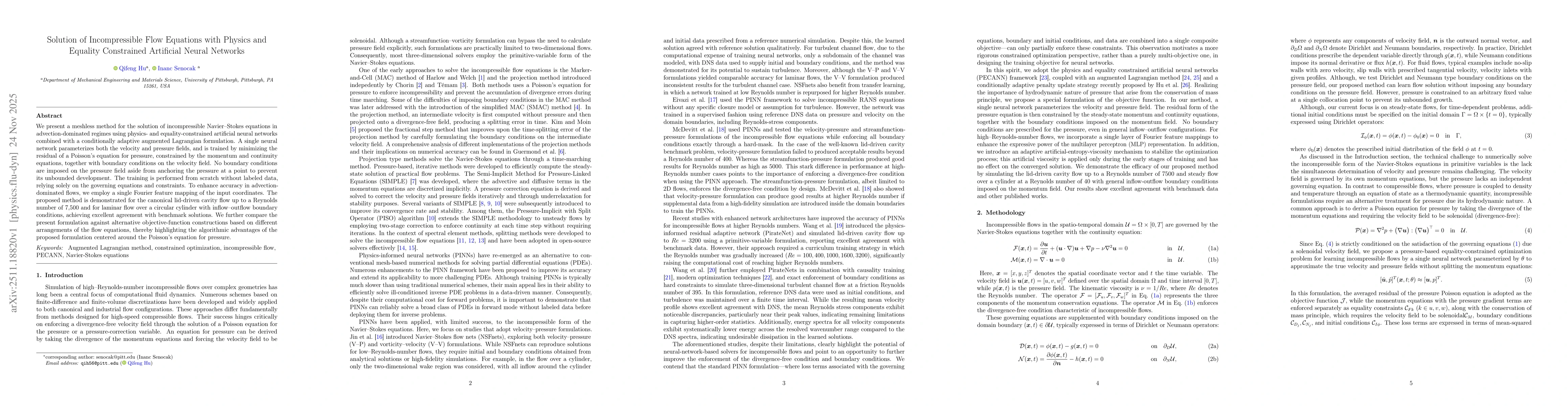 Thumbnail for Solution of Incompressible Flow Equations with Physics and Equality Constrained Artificial Neural Networks
