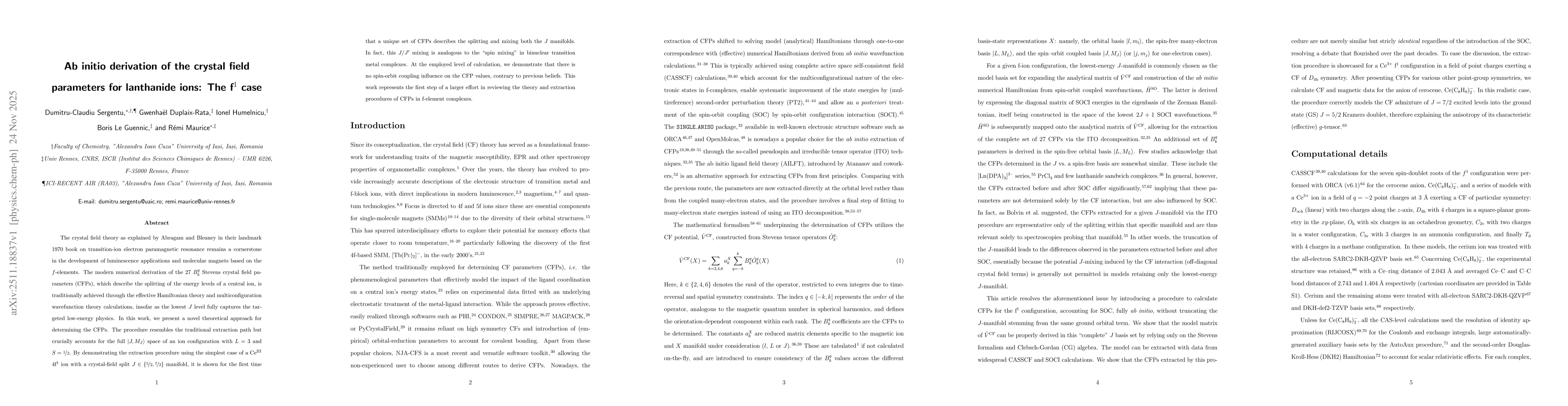 Thumbnail for \emph{Ab initio} derivation of the crystal field parameters for lanthanide ions: The f$^1$ case